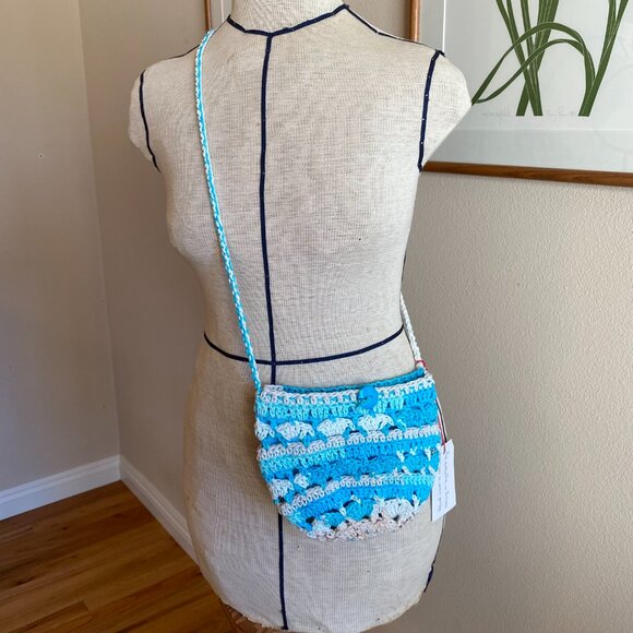 Handmade Handbags - Handmade crochet cross-body bag striped cinch closure polka dot lining